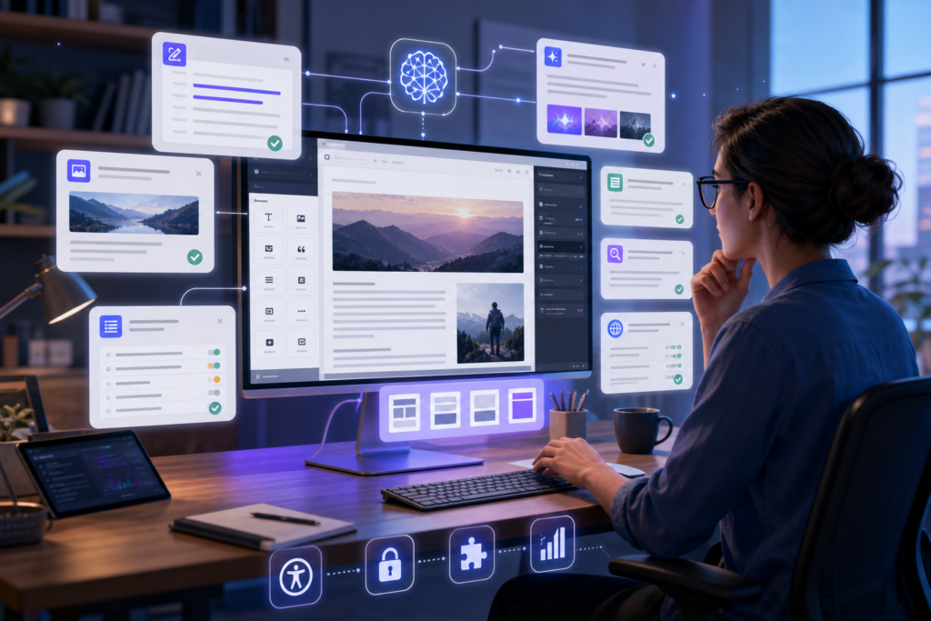 AI assisted website editor with content blocks, image previews, and